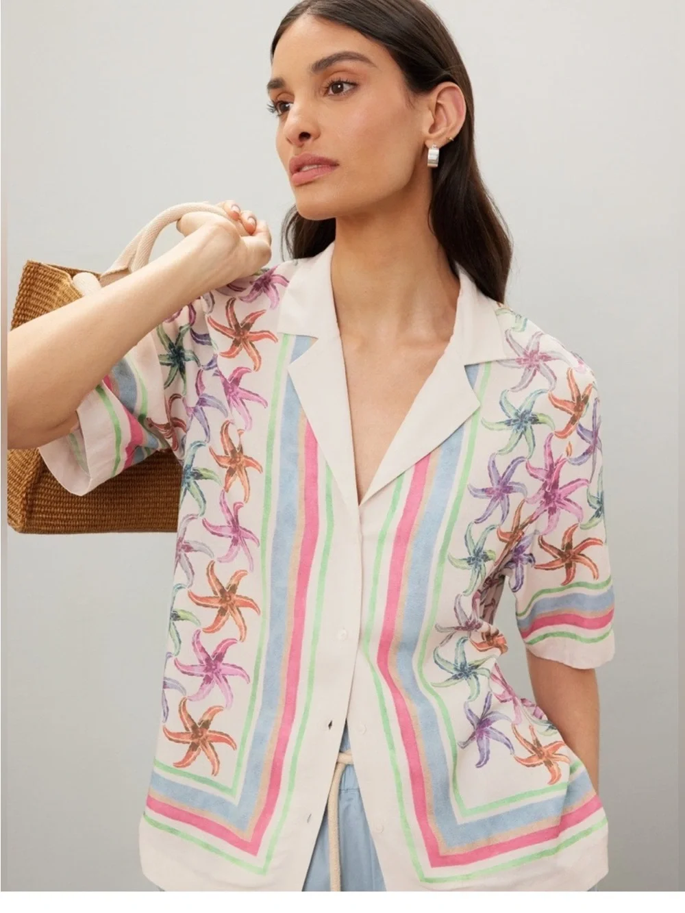 Scotch & Soda Cream Button-Down Shirt with Pastel Starfish and Stripes size 6